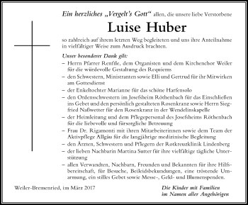 Traueranzeige von Luise Huber von Der Westallgäuer