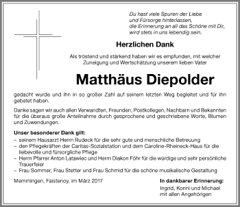 Traueranzeige von Matthäus Diepolder von Memminger Zeitung