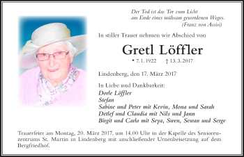 Traueranzeige von Gretl Löffler von Der Westallgäuer