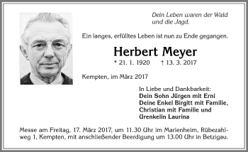 Traueranzeige von Herbert Meyer von Allgäuer Zeitung,Kempten