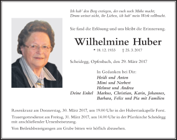 Traueranzeige von Wilhelmine Huber von Der Westallgäuer