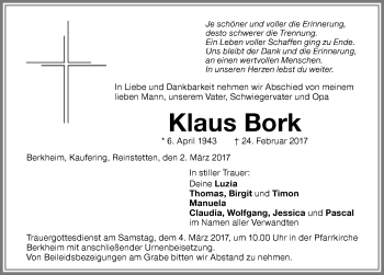 Traueranzeige von Klaus Bork von Memminger Zeitung