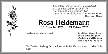 Traueranzeige von Rosa Heidemann von Allgäuer Zeitung, Kaufbeuren/Buchloe