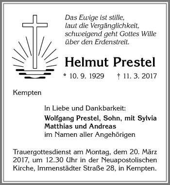Traueranzeige von Helmut Prestel von Allgäuer Zeitung,Kempten