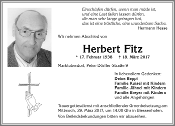 Traueranzeige von Herbert Fitz von Allgäuer Zeitung, Kaufbeuren/Buchloe