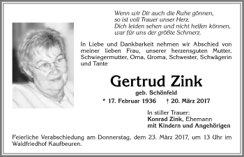 Traueranzeige von Gertrud Zink von Allgäuer Zeitung, Kaufbeuren/Buchloe