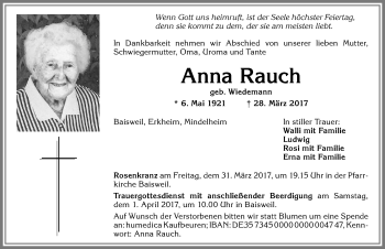 Traueranzeige von Anna Rauch von Allgäuer Zeitung, Kaufbeuren/Buchloe