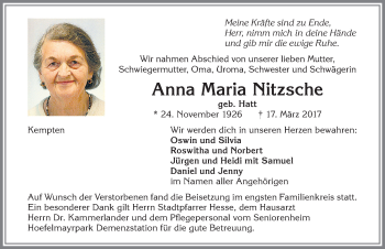 Traueranzeige von Anna Maria Nitzsch von Allgäuer Zeitung,Kempten
