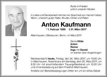 Traueranzeige von Anton Kaufmann von Memminger Zeitung