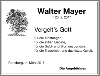 Traueranzeige von Walter Mayer von Allgäuer Zeitung, Marktoberdorf