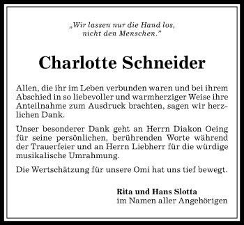 Traueranzeige von Charlotte Schneider von Allgäuer Anzeigeblatt