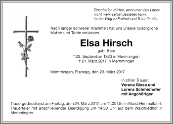 Traueranzeige von Elsa Hirsch von Memminger Zeitung