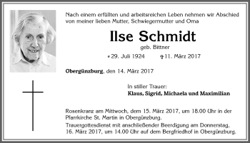 Traueranzeige von Ilse Schmidt von Allgäuer Zeitung, Marktoberdorf
