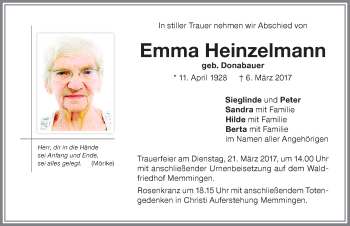 Traueranzeige von Emma Heinzelmann von Memminger Zeitung