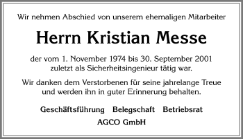 Traueranzeige von Kristian Messe von Allgäuer Zeitung, Marktoberdorf