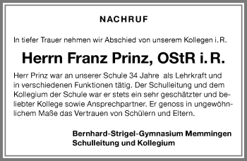 Traueranzeige von Franz Prinz von Memminger Zeitung