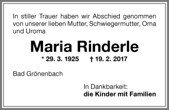 Traueranzeige von Maria Rinderle von Memminger Zeitung