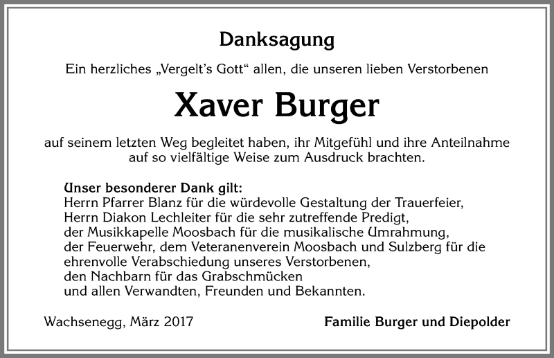  Traueranzeige für Xaver Burger vom 29.03.2017 aus Allgäuer Zeitung,Kempten