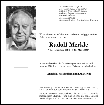 Traueranzeige von Rudolf Merkle von Allgäuer Anzeigeblatt