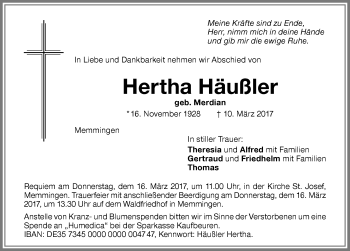 Traueranzeige von Hertha Häußler von Memminger Zeitung
