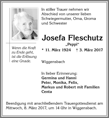 Traueranzeige von Josefa Fleschutz von Allgäuer Zeitung,Kempten