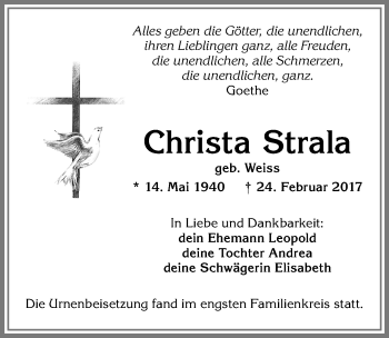 Traueranzeige von Christa Strala von Allgäuer Zeitung, Kaufbeuren/Buchloe