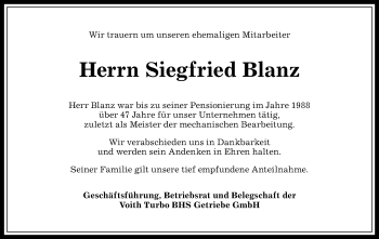 Traueranzeige von Siegfried Blanz von Allgäuer Anzeigeblatt