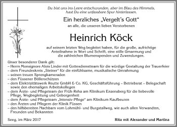 Traueranzeige von Heinrich Köck von Allgäuer Zeitung, Füssen