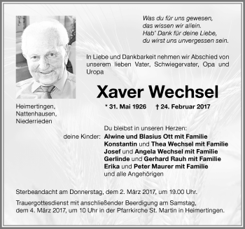 Traueranzeige von Xaver Wechsel von Memminger Zeitung