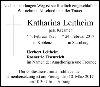 Traueranzeige von Katharina Leitheim von Allgäuer Zeitung, Marktoberdorf