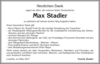 Traueranzeige von Max Stadler von Allgäuer Zeitung,Kempten