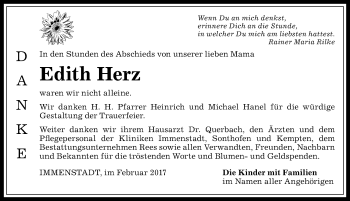Traueranzeige von Edith Herz von Allgäuer Anzeigeblatt