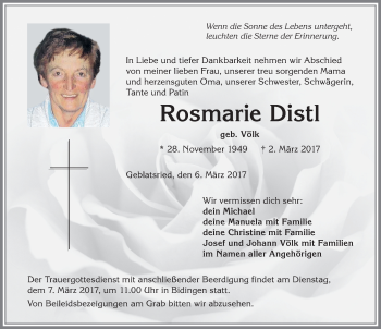 Traueranzeige von Rosmarie Distl von Allgäuer Zeitung, Kaufbeuren/Buchloe