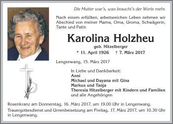 Traueranzeige von Karolina Holzheu von Allgäuer Zeitung, Marktoberdorf