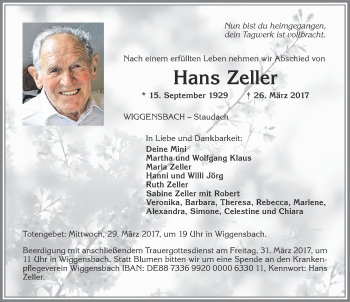 Traueranzeige von Hans Zeller von Allgäuer Zeitung,Kempten