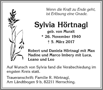 Traueranzeige von Sylvia Hörtnagl von Allgäuer Zeitung,Kempten