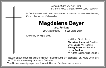 Traueranzeige von Magdalena Bayer von Memminger Zeitung