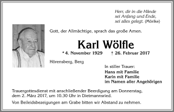 Traueranzeige von Karl Wölfle von Allgäuer Zeitung