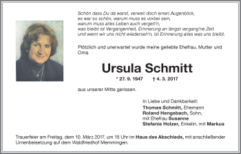 Traueranzeige von Ursula Schmitt von Memminger Zeitung