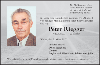 Traueranzeige von Peter Riegger von Der Westallgäuer