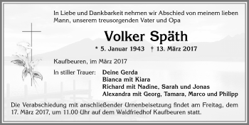 Traueranzeige von Volker Späth von Allgäuer Zeitung, Kaufbeuren/Buchloe