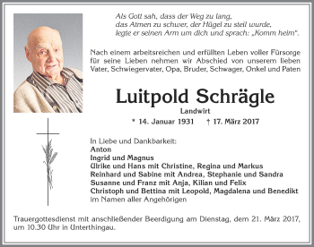 Traueranzeige von Luitpold Schrägle von Allgäuer Zeitung, Marktoberdorf