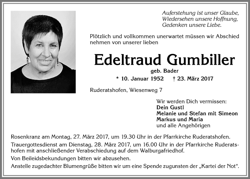  Traueranzeige für Edeltraud Gumbiller vom 25.03.2017 aus Allgäuer Zeitung