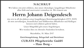 Traueranzeige von Johann Deigendesch von Der Westallgäuer