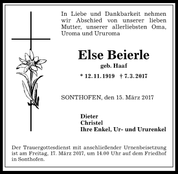 Traueranzeige von Else Beierle von Allgäuer Anzeigeblatt
