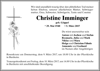 Traueranzeige von Christine Imminger von Memminger Zeitung