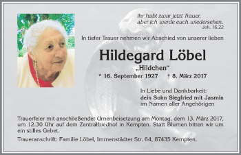 Traueranzeige von Hildegard Löbel von Allgäuer Zeitung,Kempten