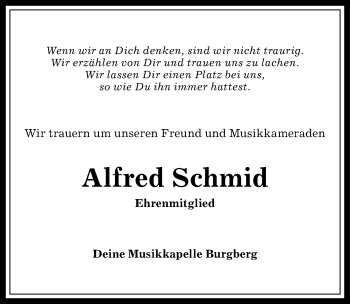 Traueranzeige von Alfred Schmid von Allgäuer Anzeigeblatt