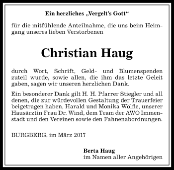 Traueranzeige von Christian Haug von Allgäuer Anzeigeblatt