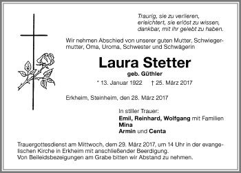 Traueranzeige von Laura Stetter von Memminger Zeitung